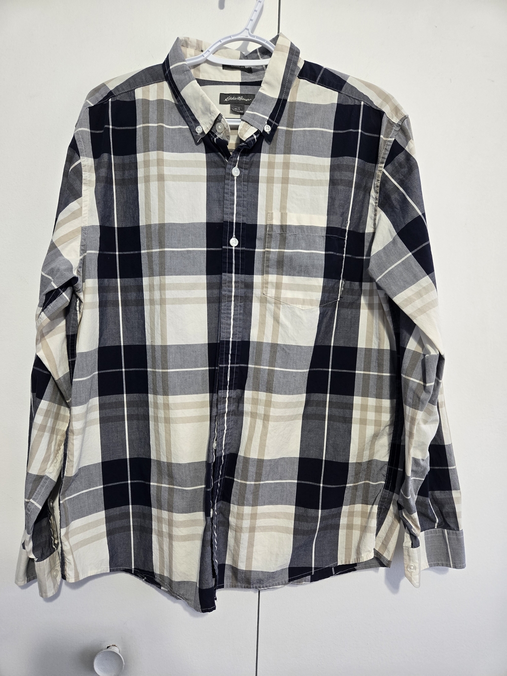 Eddie Bauer Plaid Button Down Shirt Men’s Large Cotton Gray Blue‎ Tan